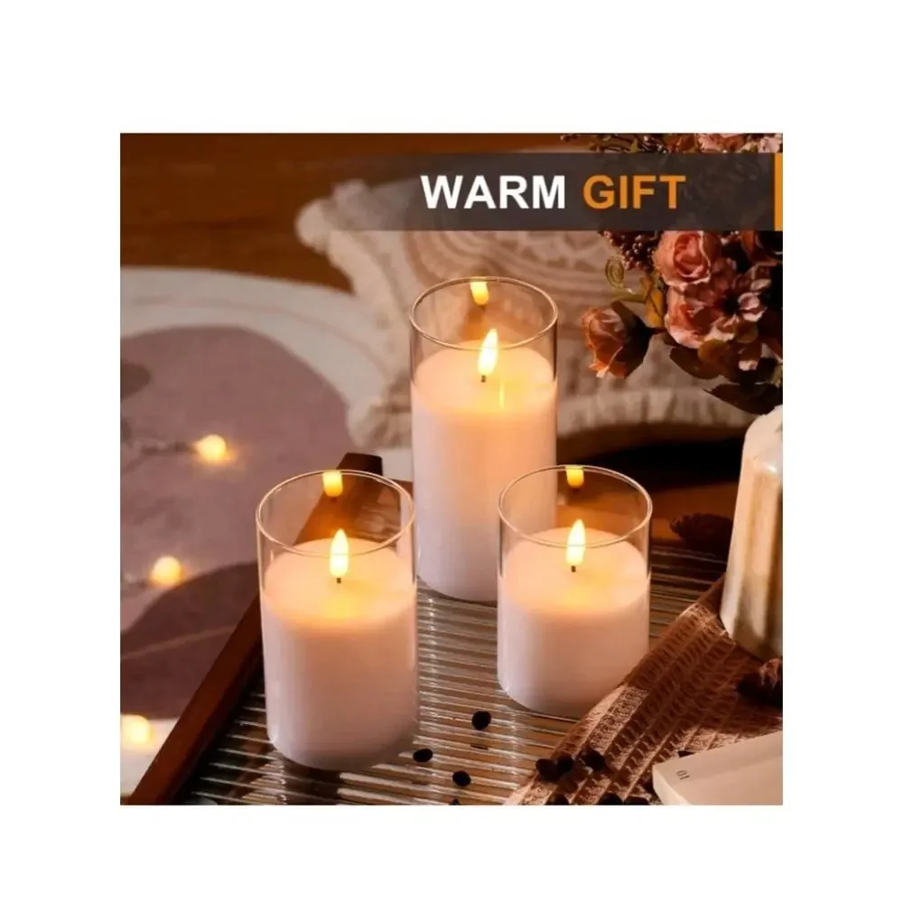 Glass Battery Operated LED Pillar Flameless Candles With10-Key Remote and Timer,